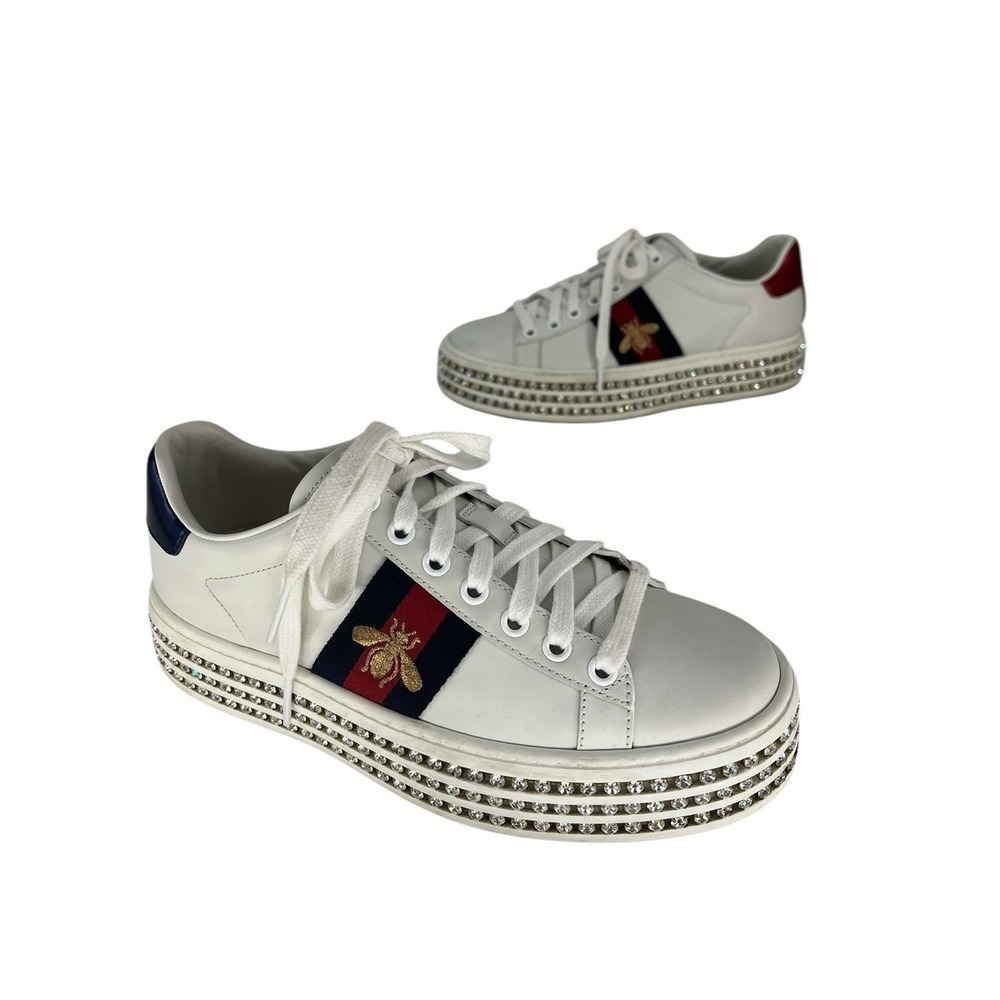 Gucci Ace Web Platform‎ Crystal Embellished Leather Sneakers White EU 36
